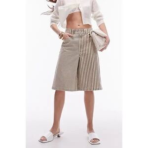 Topshop Patchwork Stripe Denim Shorts Brown Size 4 Long Bermuda Y2K Streetwear